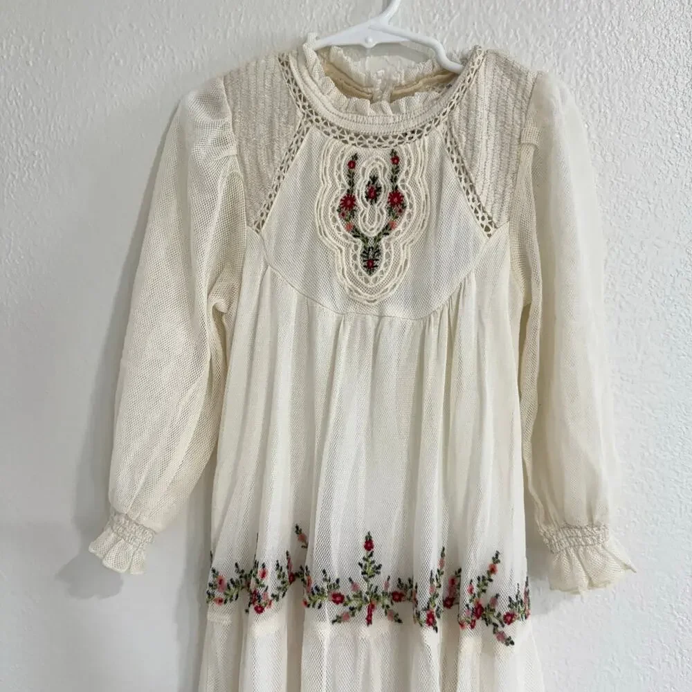 NWT Zara Girls Embroidered Prairie Dress Cream Floral Cottagecore Boho Size 6